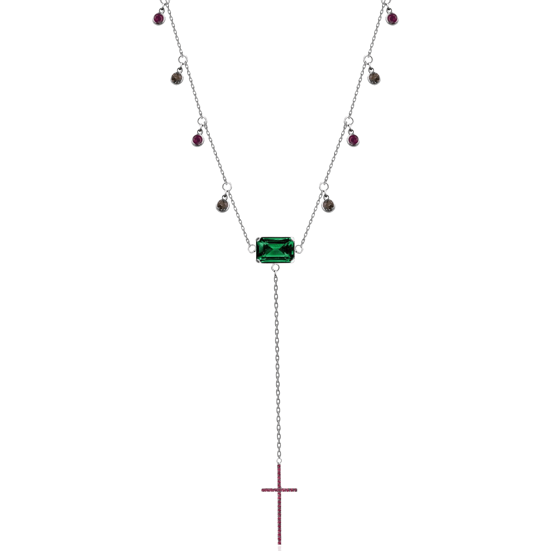 Колье крестик с рубином, цитрином, турмалином из белого золота 585 пробы, фото № 1