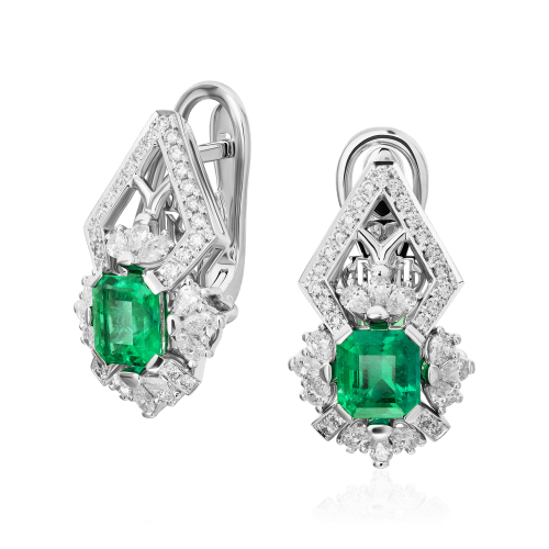 Серьги с изумрудом, бриллиантами из белого золота 750 пробы (арт. 70799)