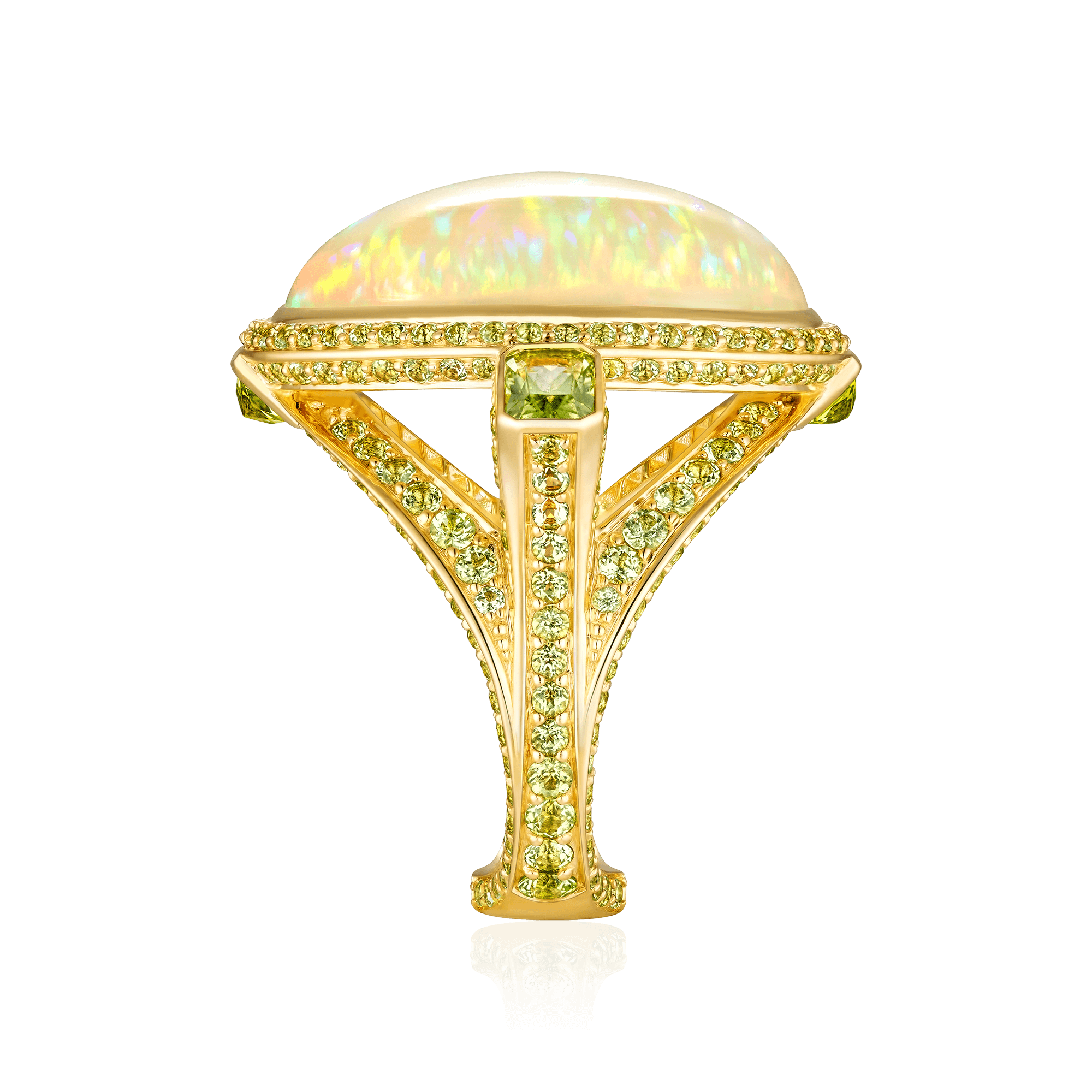 Кольцо с опалом, перидотами из желтого золота 750 пробы, фото № 3