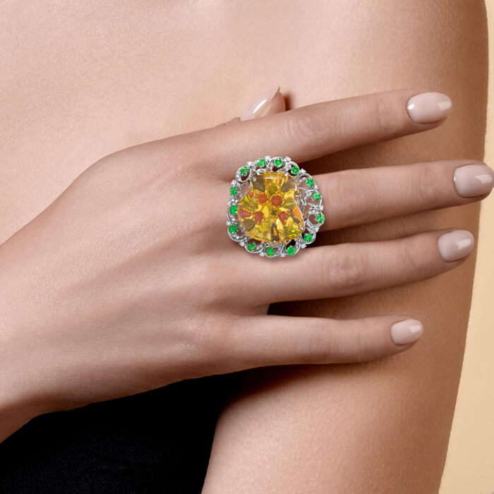 Кольцо с опалом, рубином, сапфиром, бриллиантами, тсаворитом из белого золота 750 пробы, фото № 3