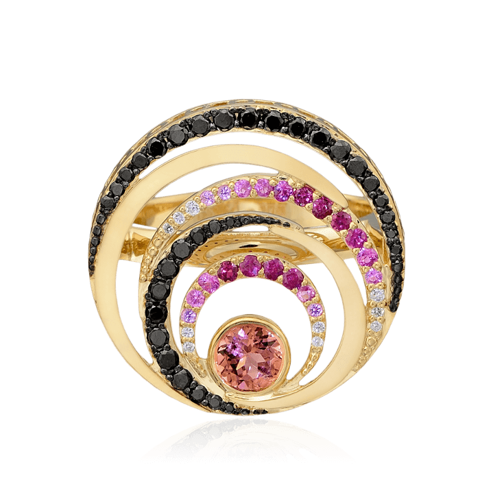Кольцо с бриллиантами, турмалином, сапфиром фантазийным из желтого золота 585 пробы, фото № 2