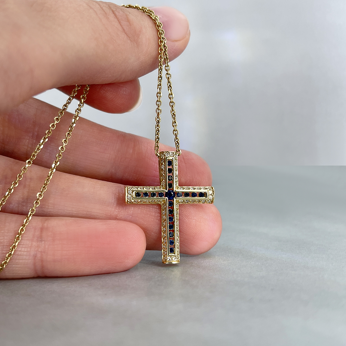 Крест с сапфиром, бриллиантами из желтого золота 585 пробы, фото № 3