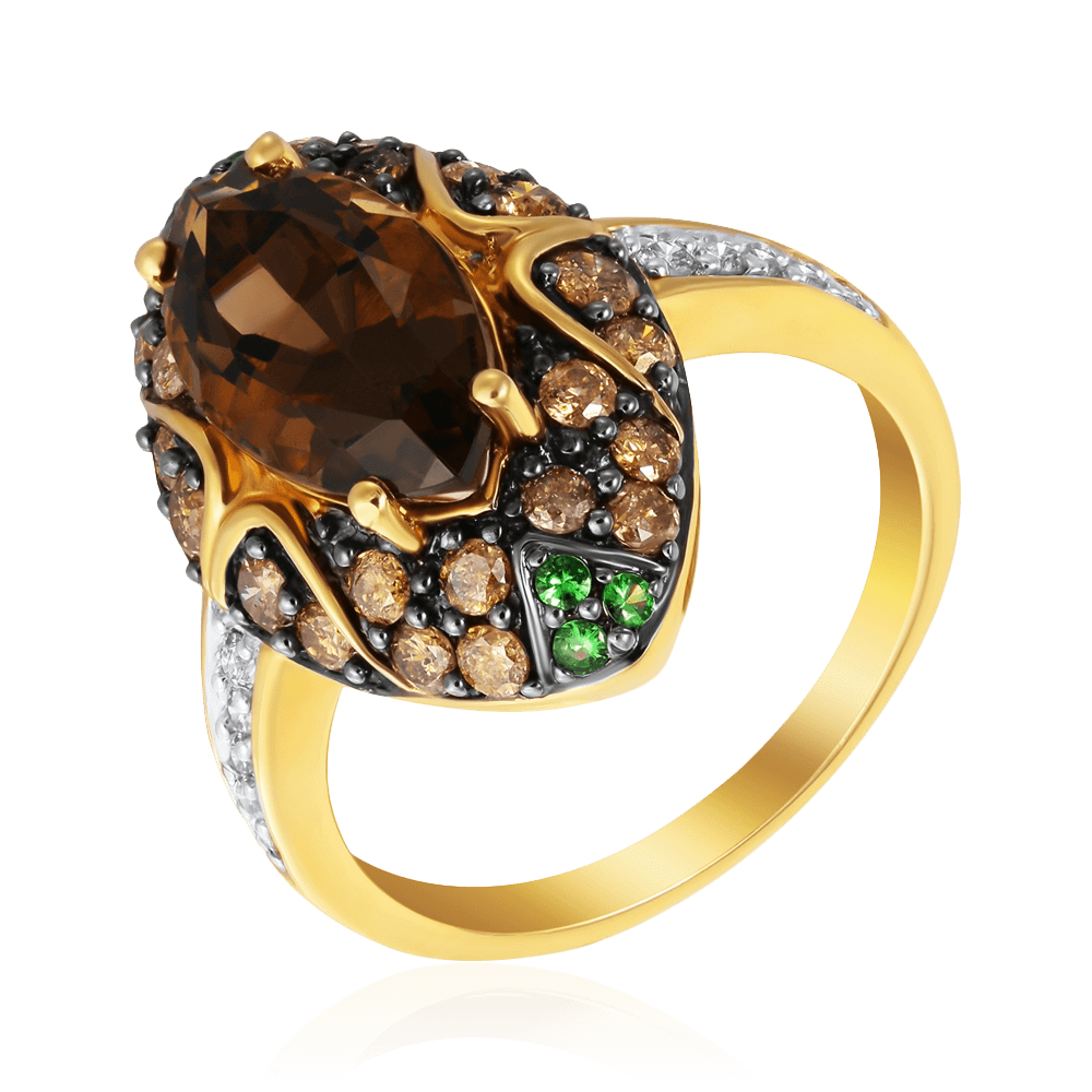 Кольцо с раухтопазом, бриллиантами, тсаворитом из желтого золота 585 пробы (арт. 87474)