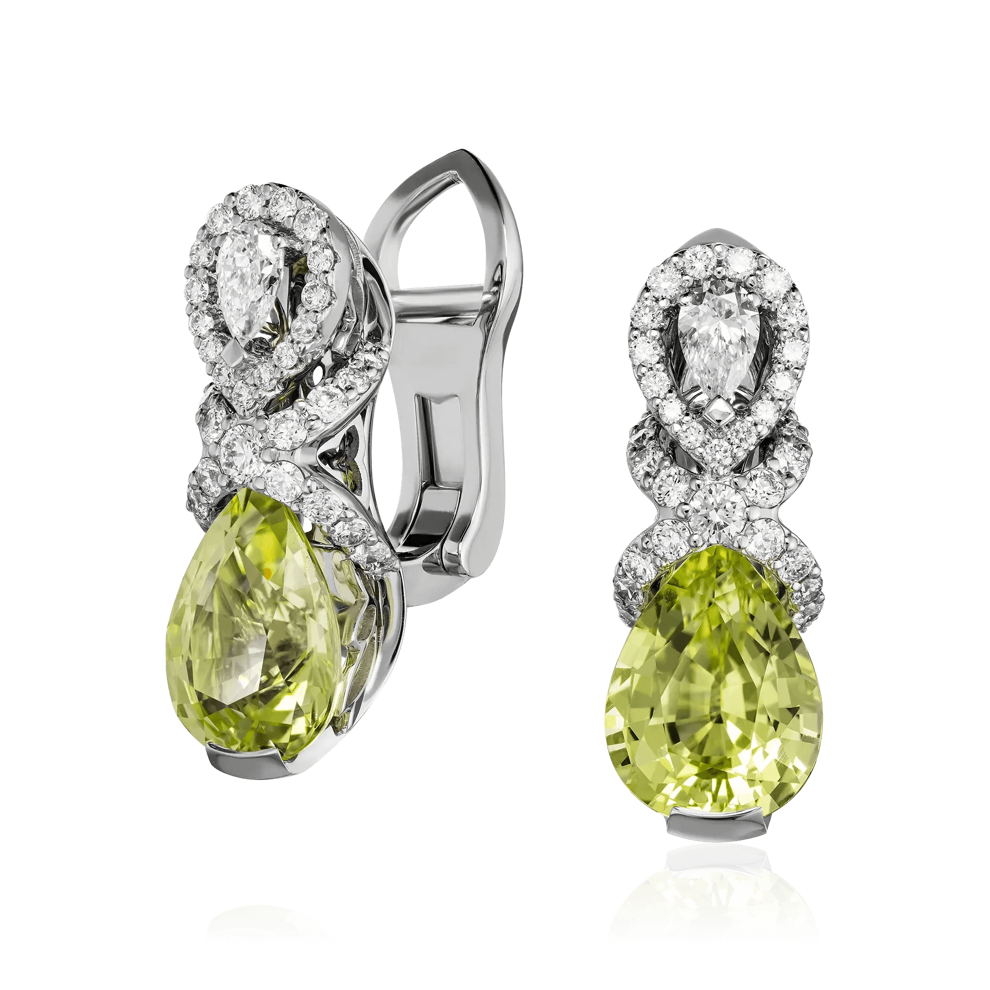 Серьги с хризобериллом, бриллиантами из белого золота 750 пробы, фото № 1