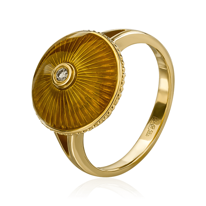 Кольцо с бриллиантом и гильошированной эмалью из желтого золота 585 (арт. 75688)