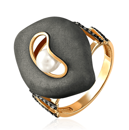 Кольцо из комбинированного золота в виде камешка, украшенного жемчугом и бриллиантами, фото № 1