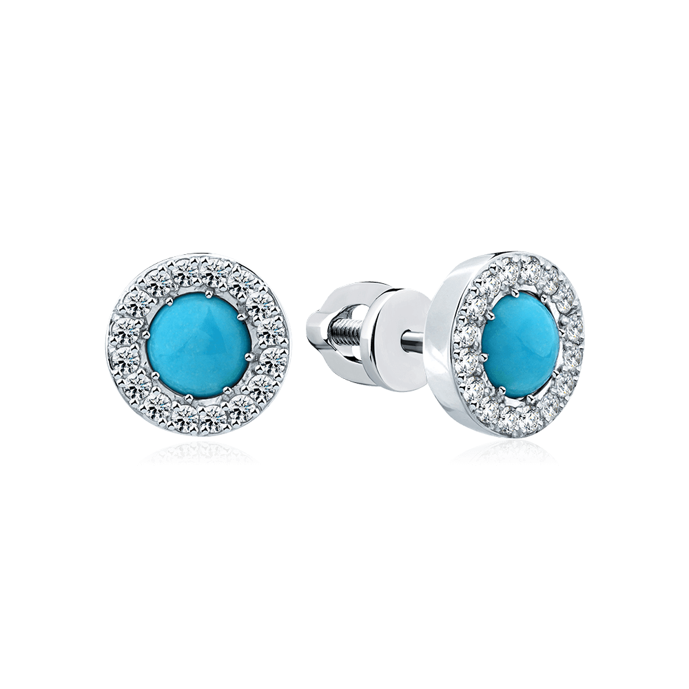 Серьги с бриллиантами, бирюзой из белого золота 585 пробы, фото № 1