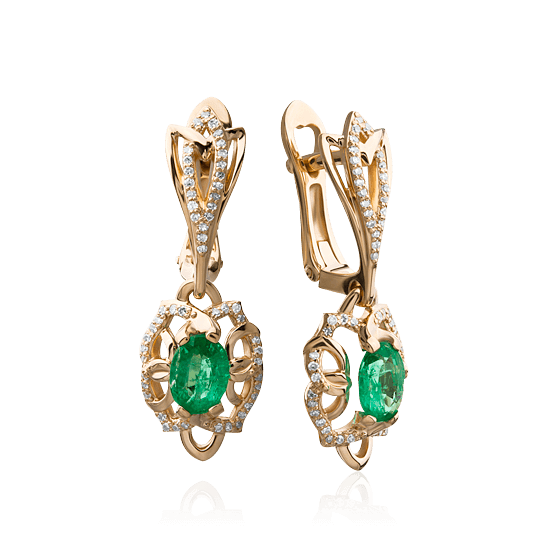 Серьги с изумрудом, бриллиантами из красного золота 585 пробы, фото № 1
