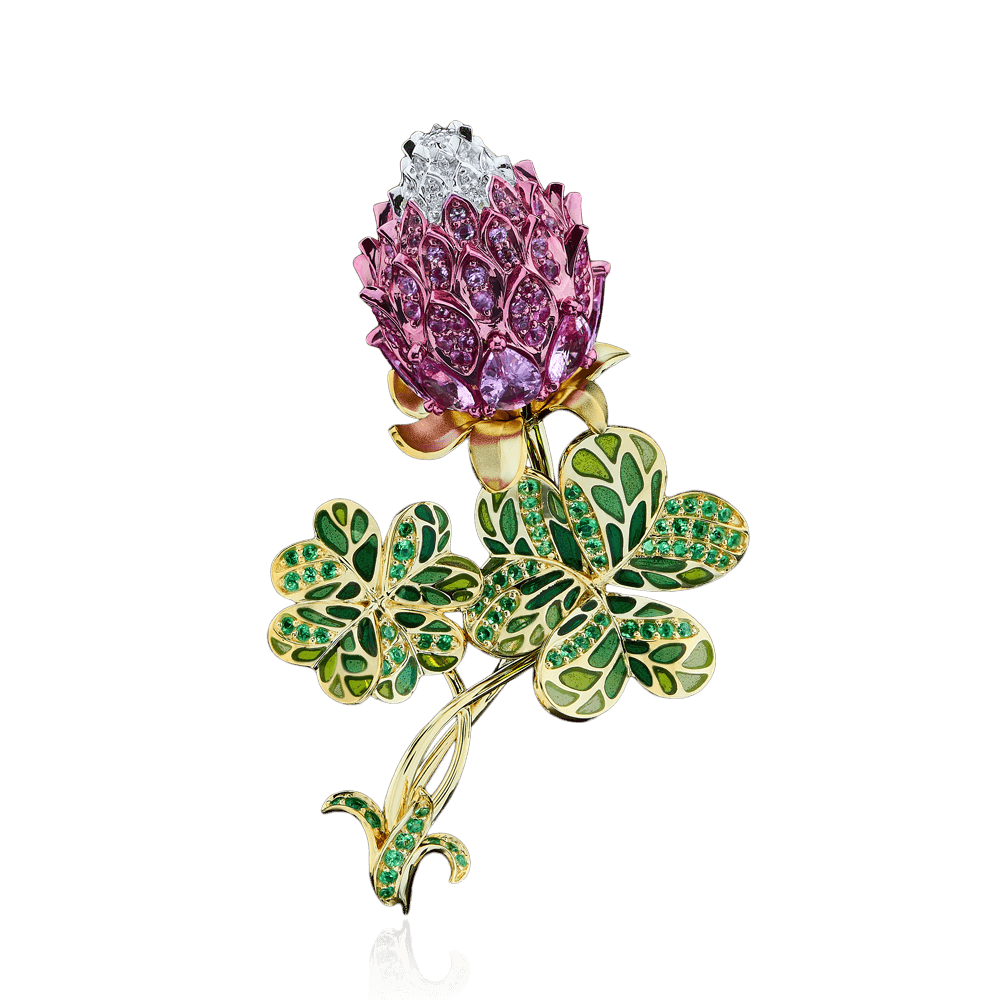 Кулон Клевер с розовыми сапфирами, тсаворитами, бриллиантами, эмалью из желтого золота 750 пробы (арт. 72353)
