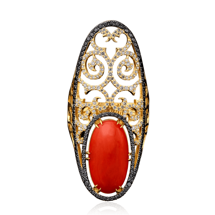 Кольцо с кораллом, белыми и черными бриллиантами в комбинированном золоте 750 пробы, фото № 2