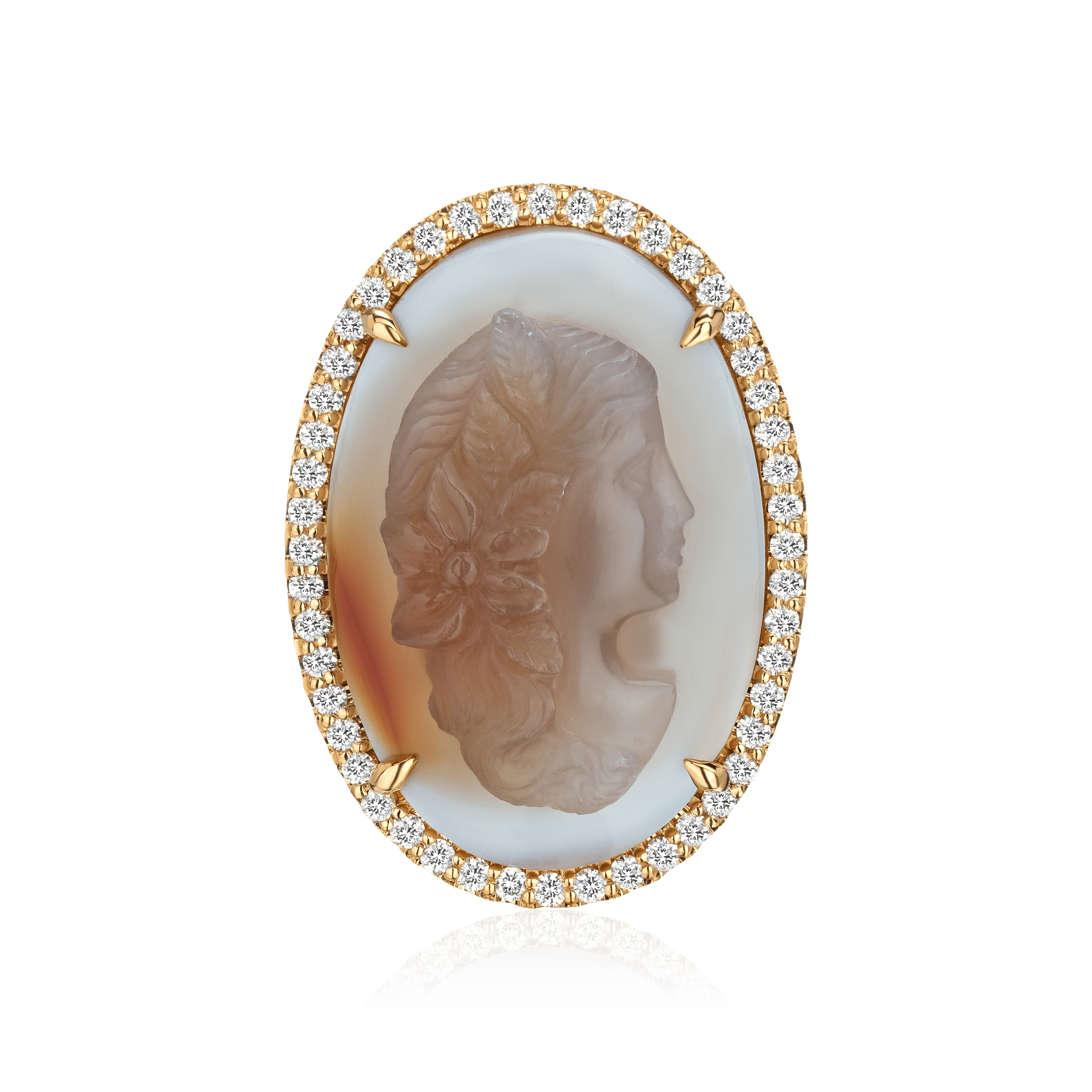 Кольцо с камеей на агате, бриллиантами из желтого золота 750 пробы (арт. 102613)