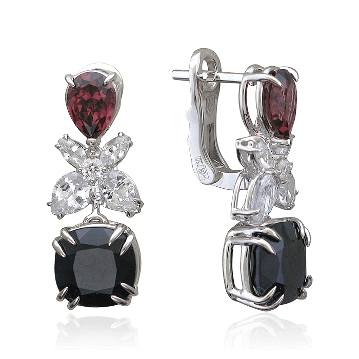 Серьги с бриллиантами, родолитом, сапфирами из белого золота 750 пробы, фото № 1