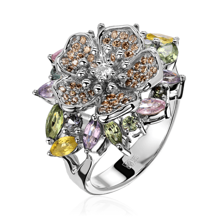 Кольцо с цветными сапфирами, бриллиантами из белого золота 585 пробы (арт. 86181)
