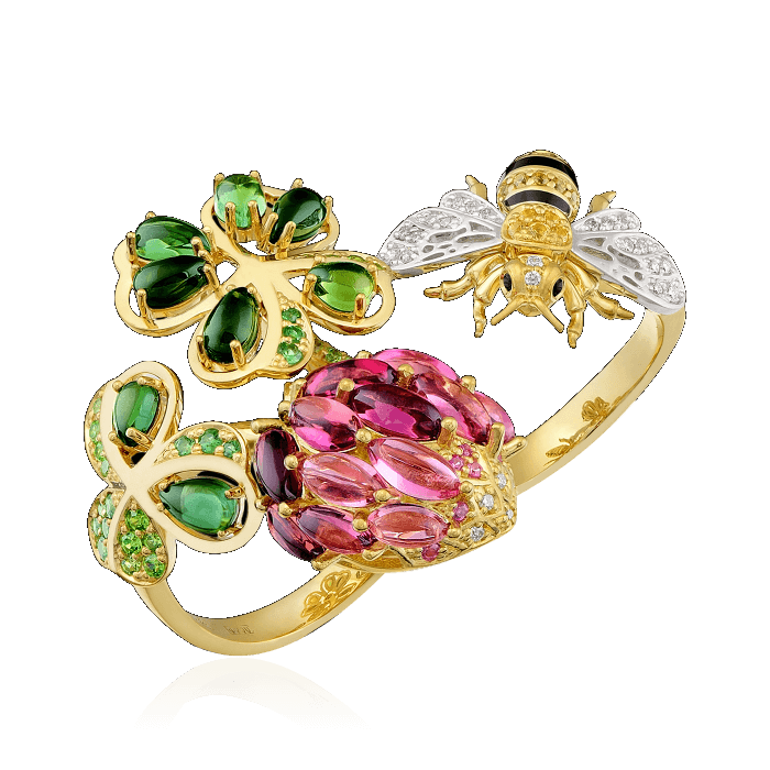 Кольцо Пчела на два пальца с цветными камнями и бриллиантами в комбинированном золоте 750 пробы (арт. 32668)