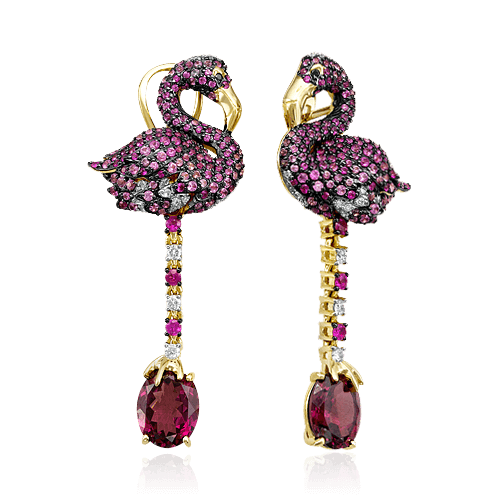 Серьги Фламинго с рубином, сапфиром, бриллиантами из желтого золота 585 пробы, фото № 1