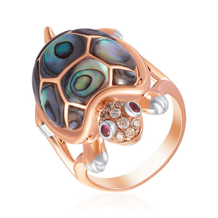 Кольцо Черепаха с жемчугом , рубинами , бриллиантами из красного золота 585 пробы, фото № 1