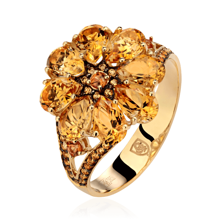 Кольцо цветок с цитрином, цветными топазами и сапфирами из желтого золота 585 пробы, фото № 1