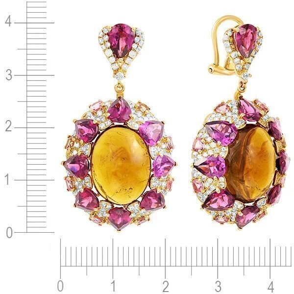 Серьги с сапфиром, турмалином, родолитом из желтого золота 585 пробы, фото № 3