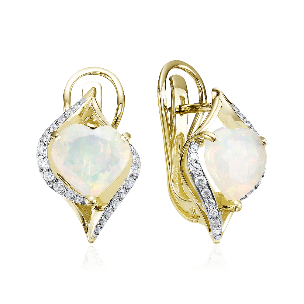 Серьги в форме сердец с опалом, бриллиантами из желтого золота 585 пробы (арт. 93812)