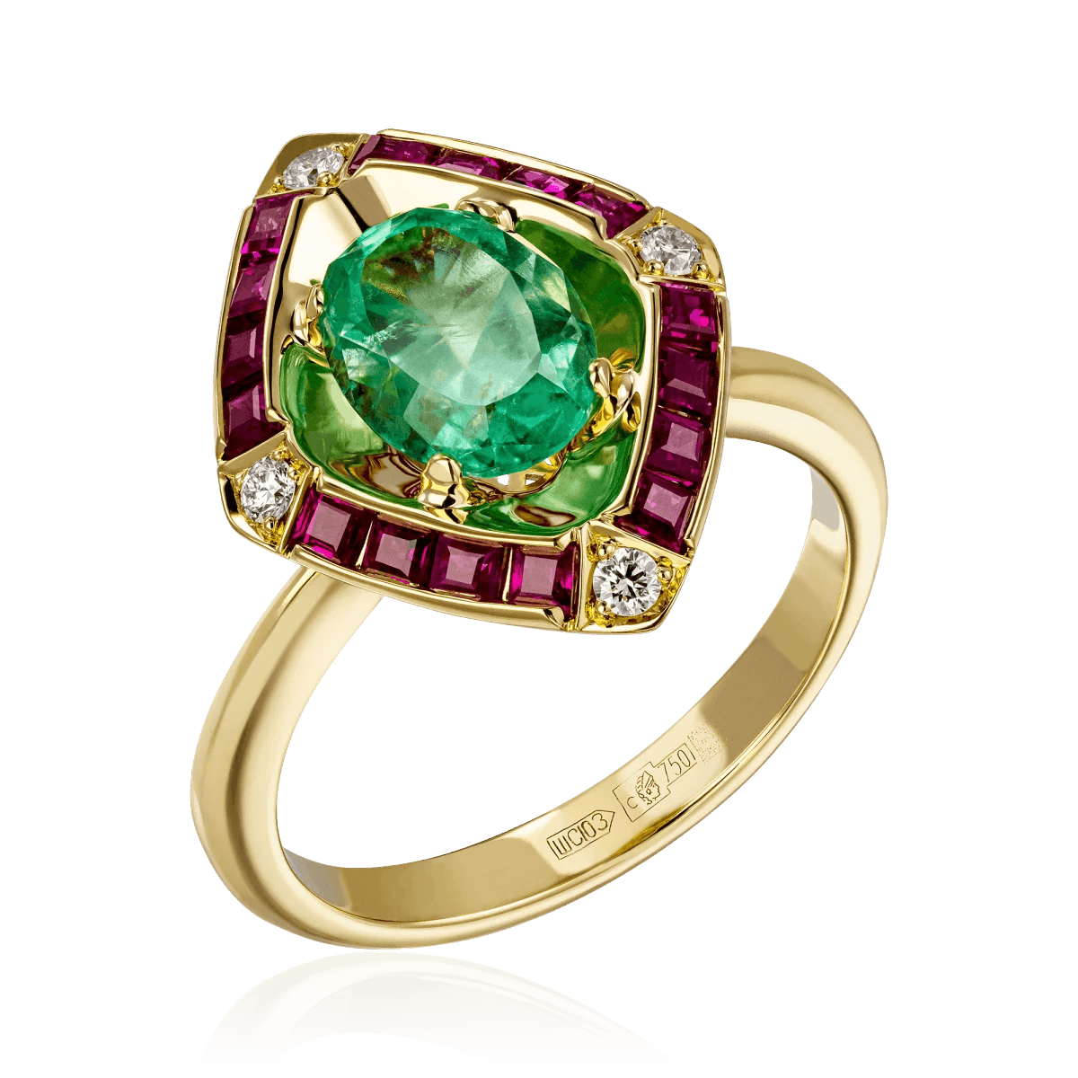 Кольцо с изумрудом, рубином, бриллиантами из желтого золота 750 пробы, фото № 1