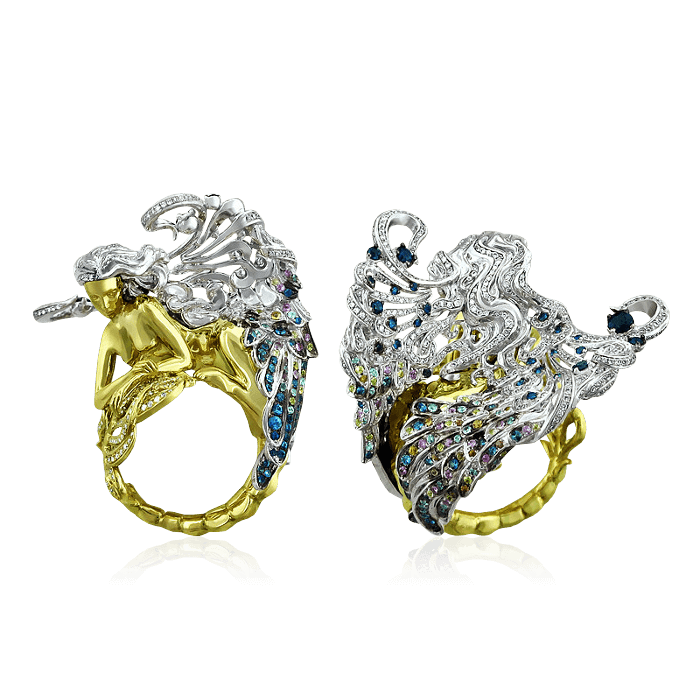 Кольцо с сапфиром, бриллиантами, сапфиром фантазийным из комбинированного золота 585 пробы, фото № 1