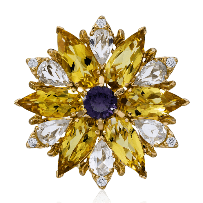 Кольцо в виде цветка с шпинелью, гелиодором, бриллиантами, белыми сапфирами фантазийным из желтого золота 750 пробы, фото № 2
