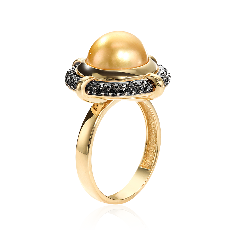 Кольцо с жемчугом, бриллиантами из желтого золота 585 пробы, фото № 2