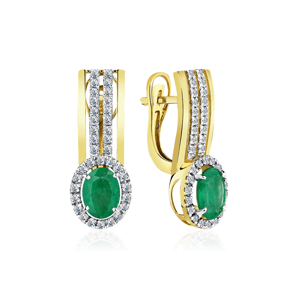 Серьги с бриллиантами, изумрудом из желтого золота 585 пробы, фото № 1