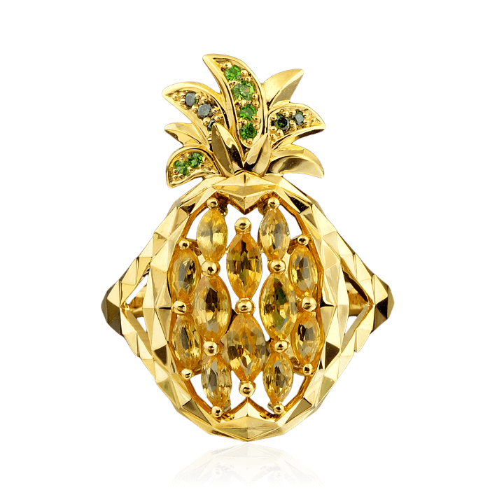 Кольцо Ананас с цветными камнями и бриллиантами в желтом золоте 750 пробы, фото № 2