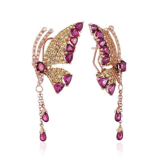 Серьги Бабочки с цветными сапфирами, бриллиантами из розового золота 585 пробы (арт. 39139)