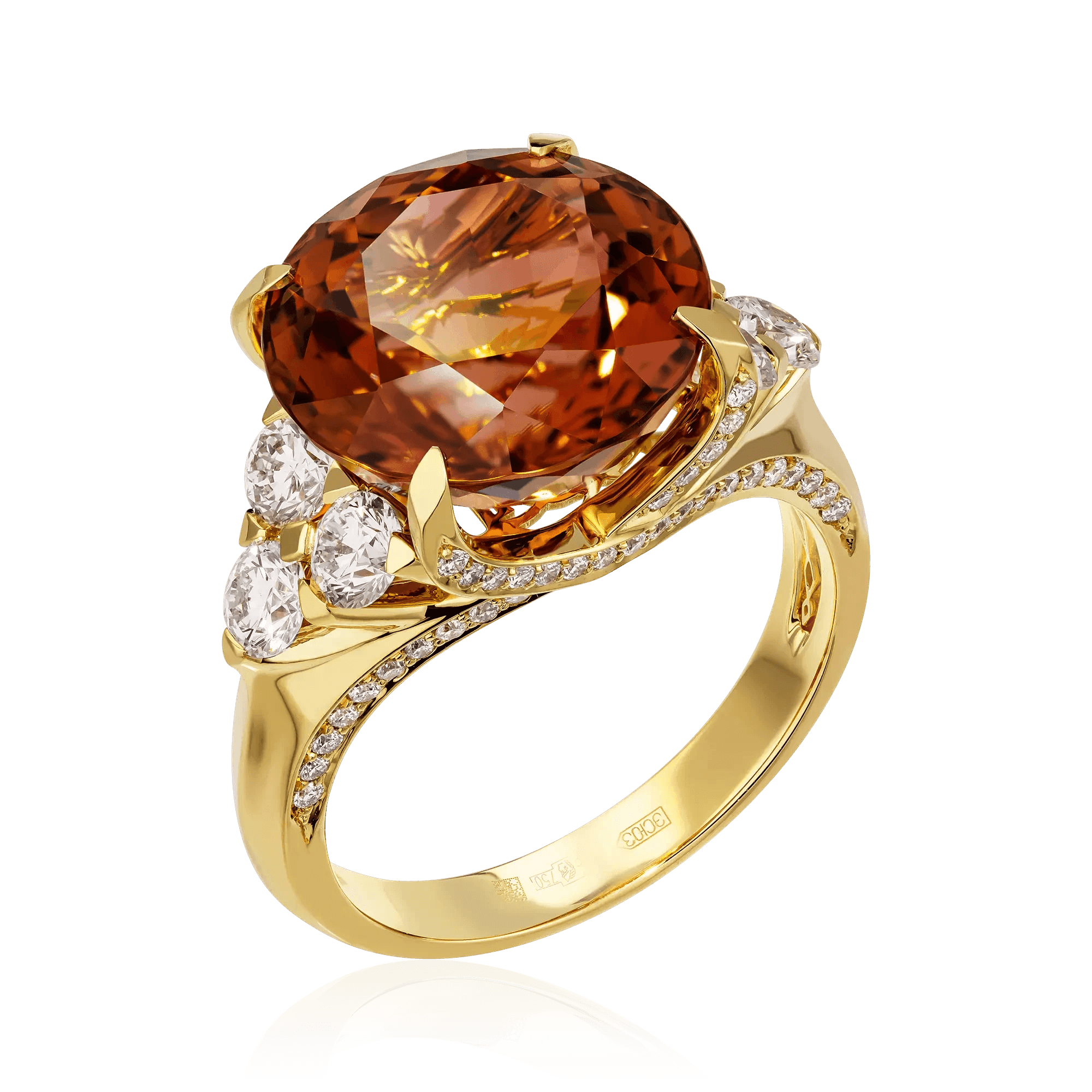 Кольцо с турмалином, бриллиантами из желтого золота 750 пробы, фото № 1