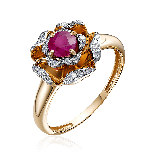 Кольцо в виде цветка с рубином, бриллиантами из красного золота 585 пробы (арт. 94157)