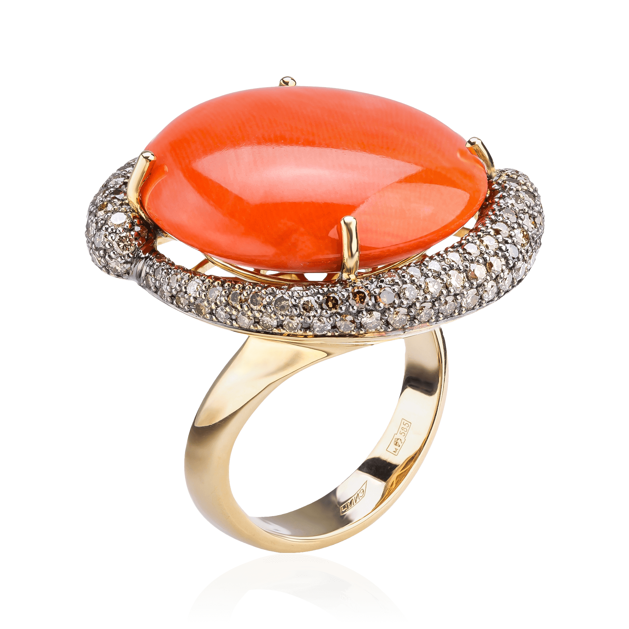 Кольцо с кораллом, бриллиантами из желтого золота 585 пробы, фото № 1