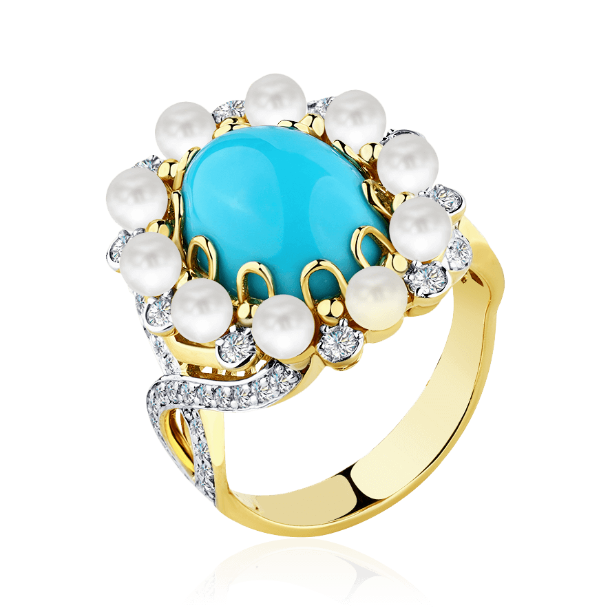 Кольцо с бирюзой, жемчугом, бриллиантами из желтого золота 585 пробы, фото № 1