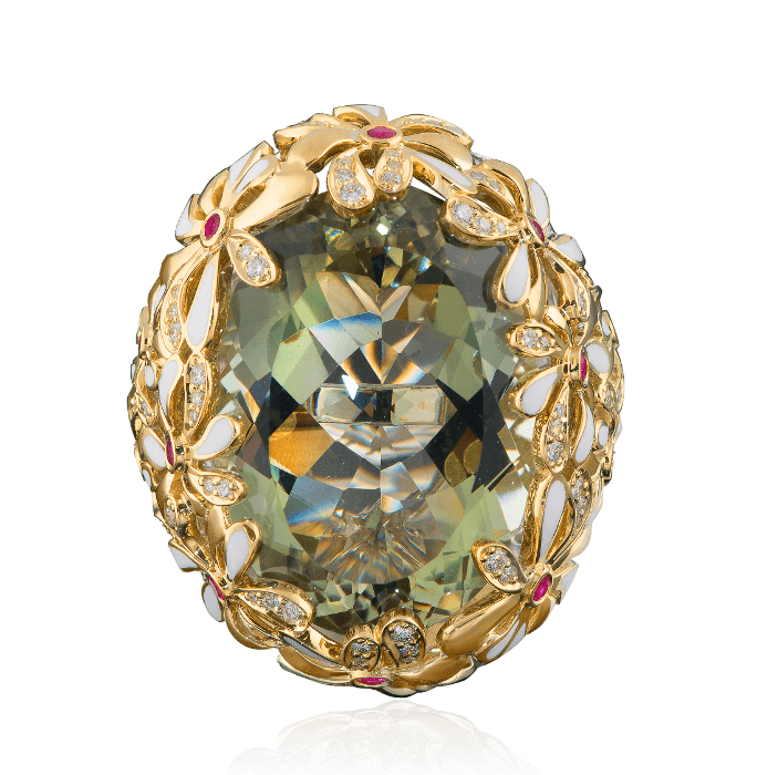 Кольцо с празиолитом, цветными сапфирами, эмалью и бриллиантами в белом и желтом золоте 750 пробы, фото № 2