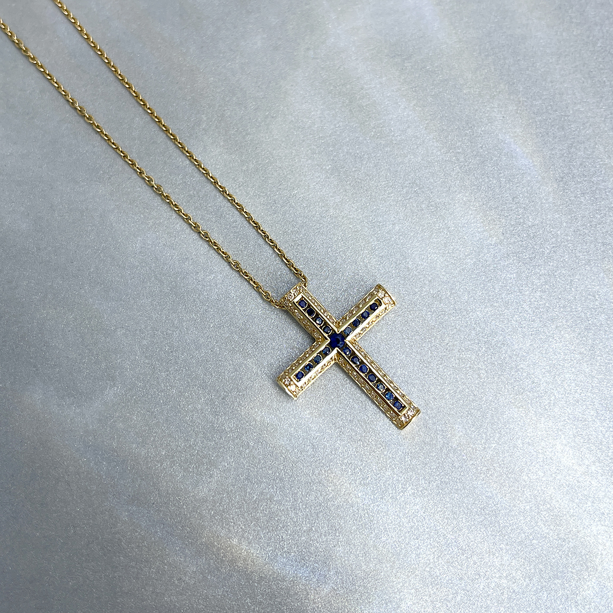 Крест с сапфиром, бриллиантами из желтого золота 585 пробы, фото № 2