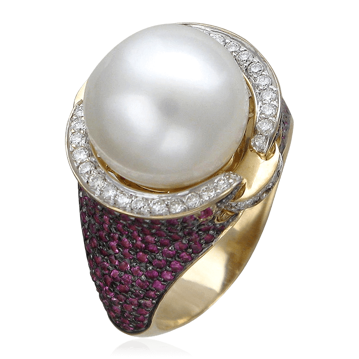 Кольцо с рубином, бриллиантами, жемчугом, цветными сапфирами из желтого золота 585 пробы, фото № 1