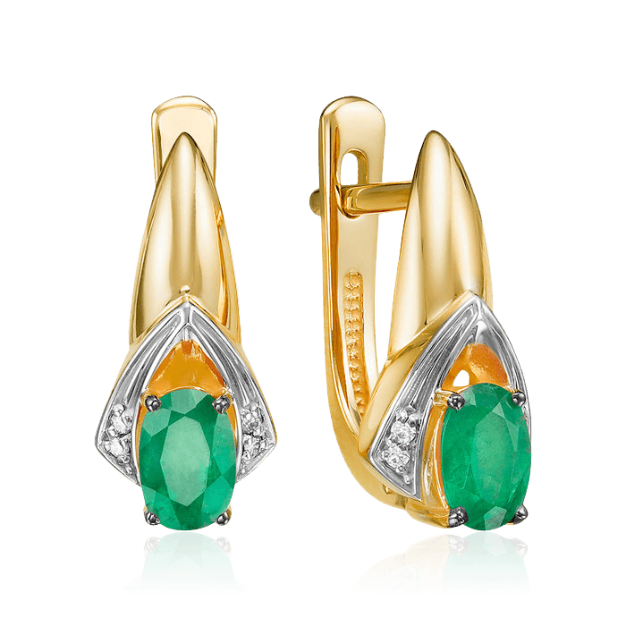 Серьги с изумрудом, бриллиантами из желтого золота 585 пробы (арт. 80617)