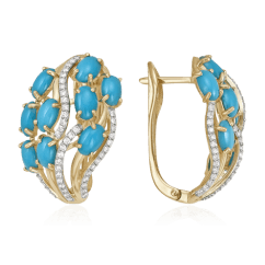Серьги с бриллиантами, бирюзой из желтого золота 585 пробы (арт. 53572)