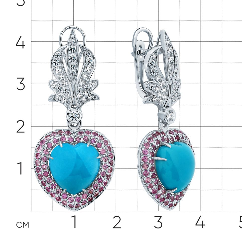 Серьги с сапфиром, бриллиантами, бирюзой из белого золота 585 пробы, фото № 2