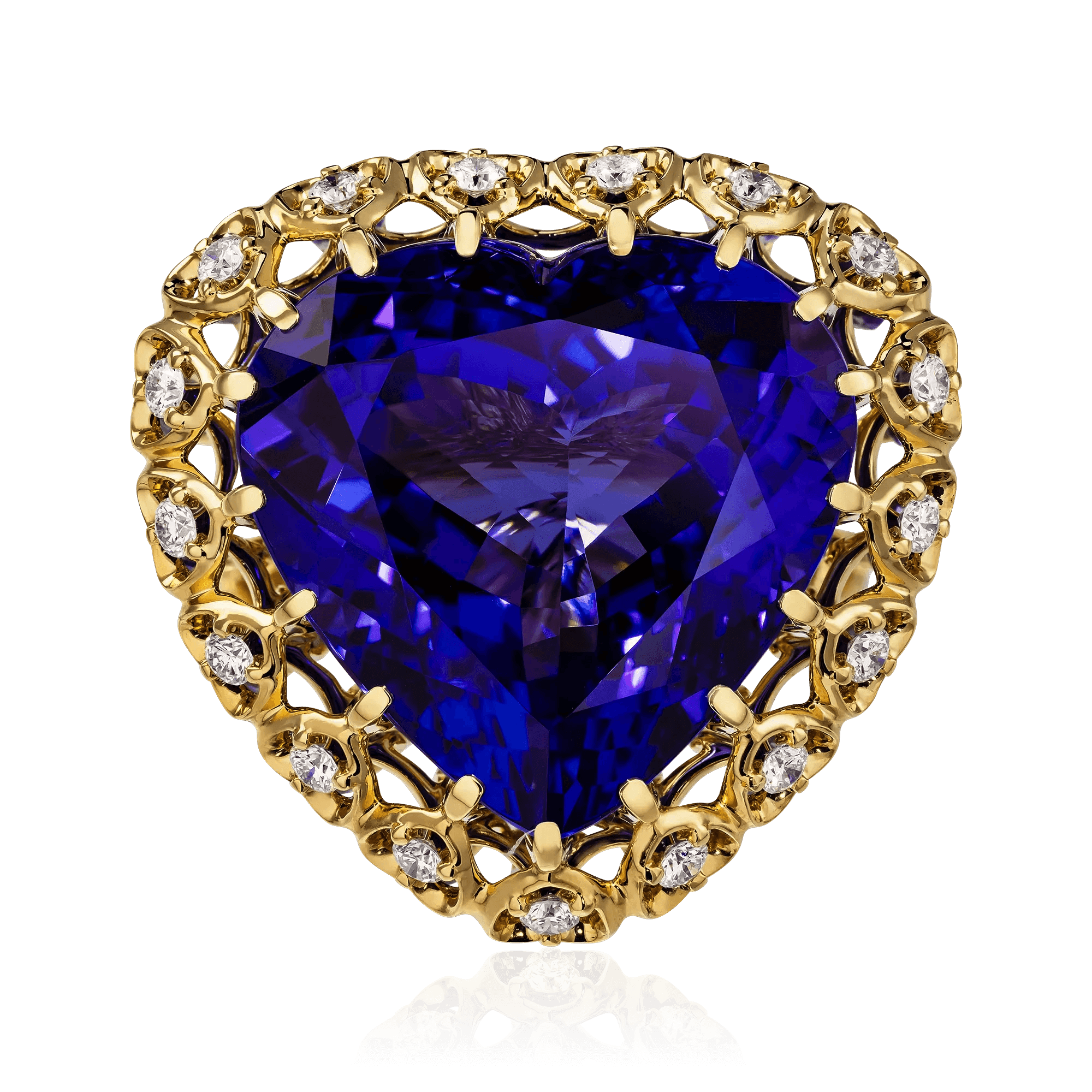 Кольцо огранки сердце с танзанитом, бриллиантами из желтого золота 750 пробы, фото № 2