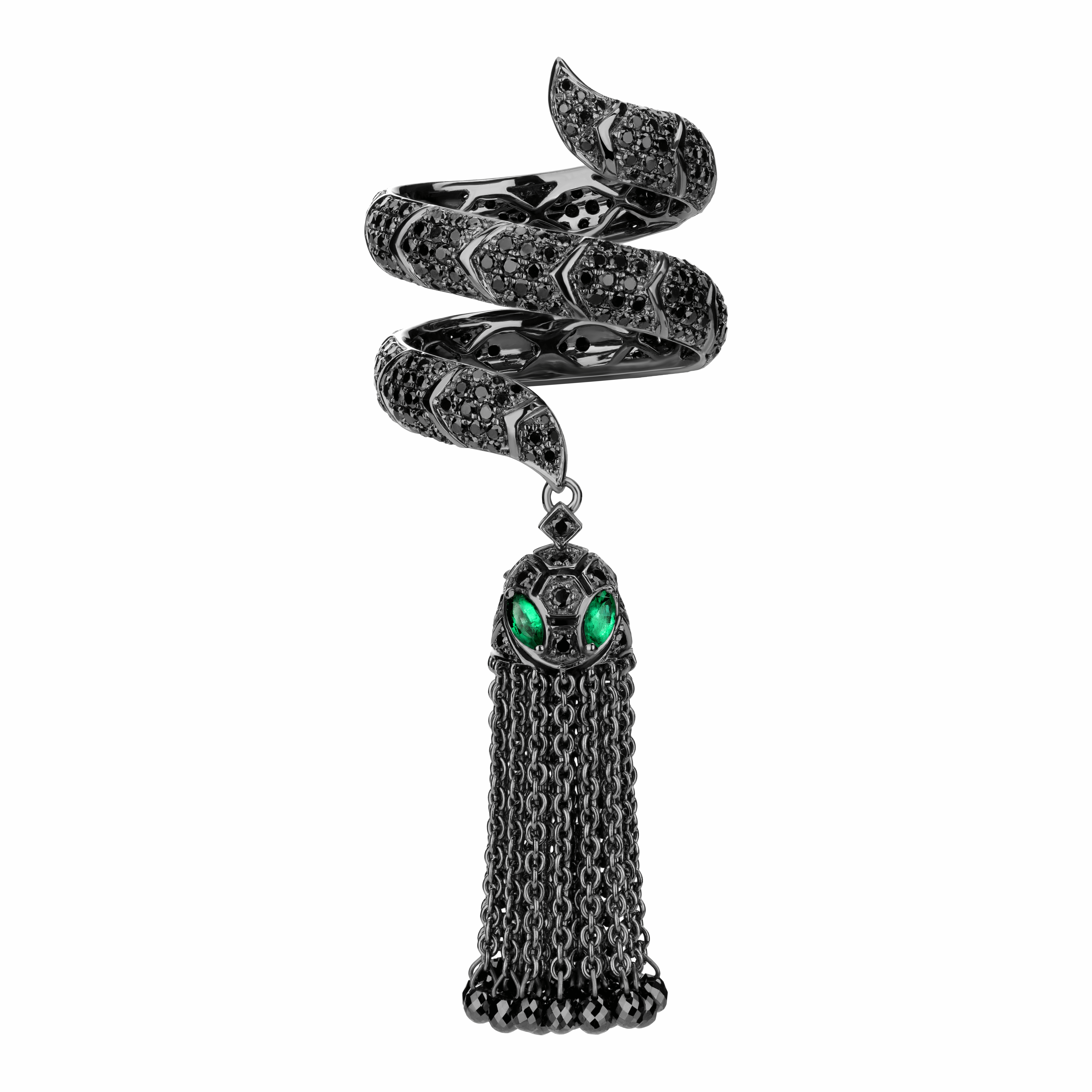 Кольцо кисть Змея с изумрудами, бриллиантами из черного золота 750 пробы, фото № 1