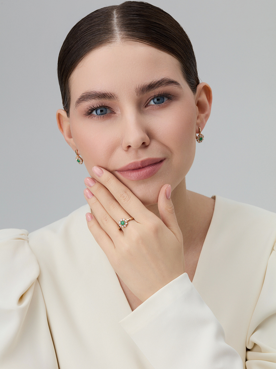 Серьги с бриллиантами, изумрудом из красного золота 585 пробы, фото № 3