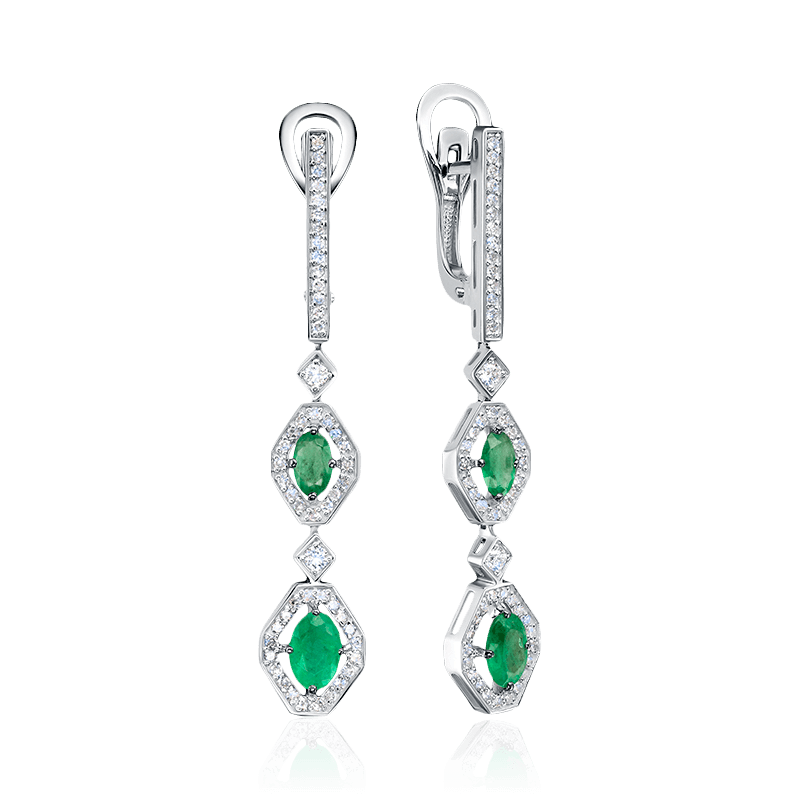 Серьги с изумрудом, бриллиантами из белого золота 585 пробы (арт. 122590)