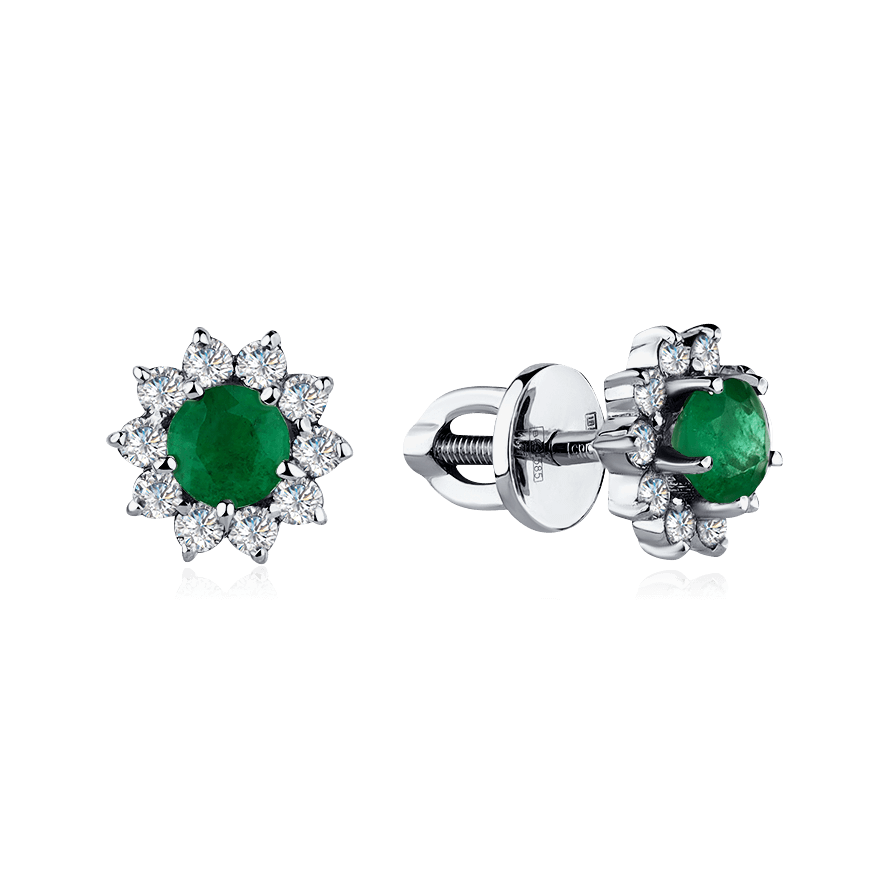 Серьги с изумрудом, бриллиантами из белого золота 585 пробы, фото № 1