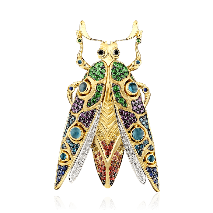 Брошь в виде насекомого с бриллиантами, цветными камнями в желтом золоте 750 пробы, фото № 1