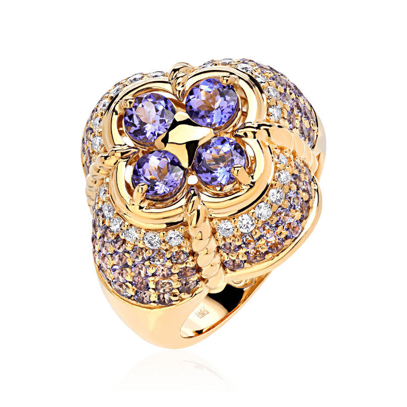 Кольцо с танзанитом, бриллиантами из желтого золота 585 пробы, фото № 1