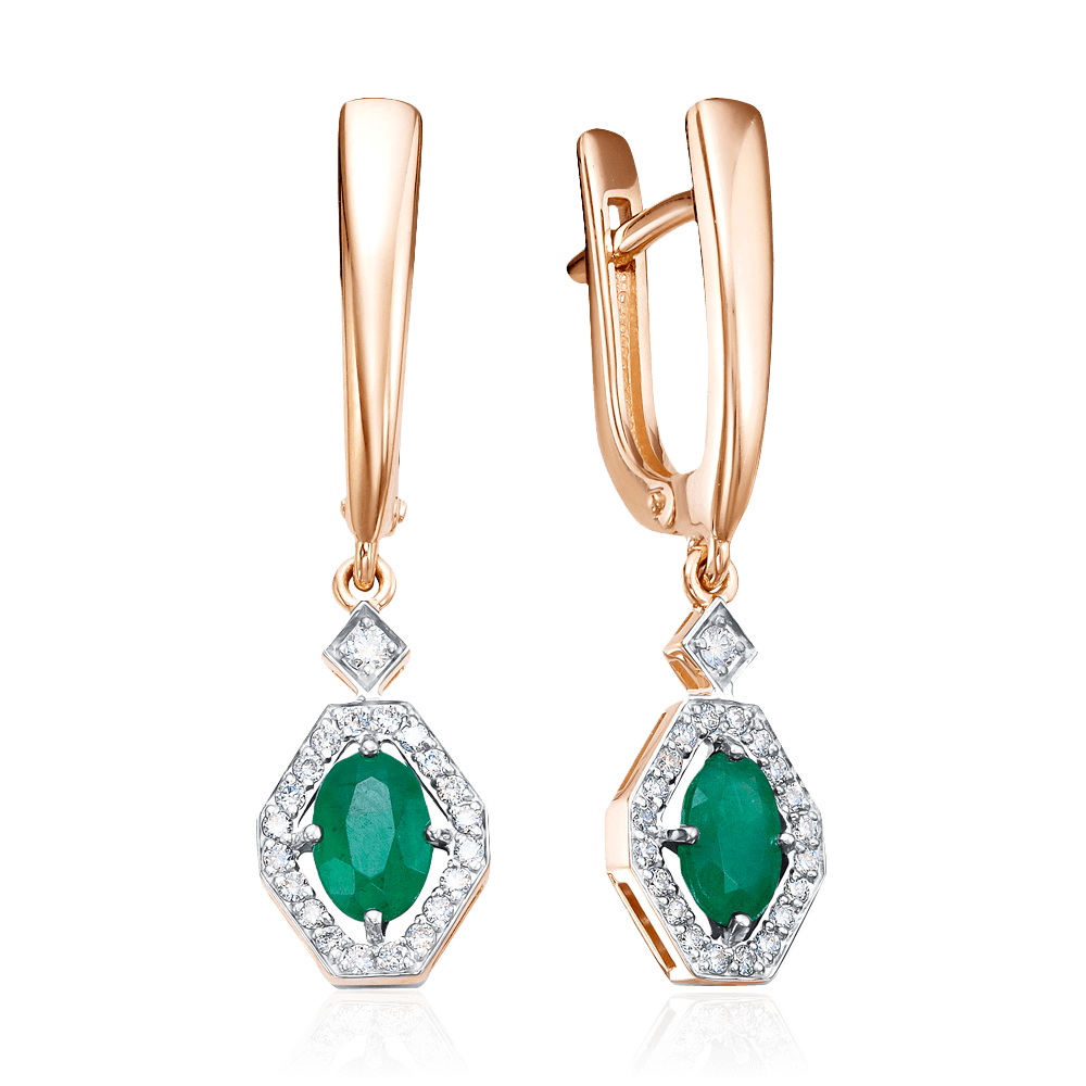 Серьги с изумрудом, бриллиантами из красного золота 585 пробы, фото № 1