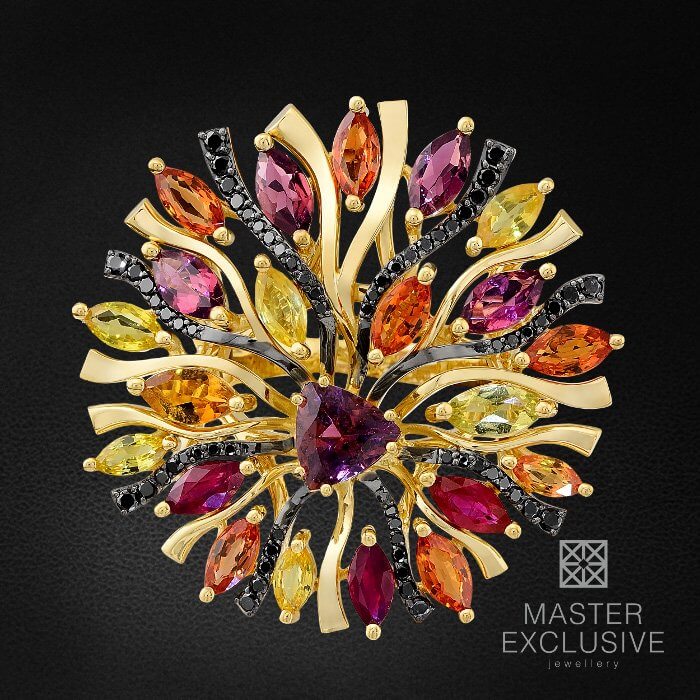 Кольцо с рубином, бриллиантами, турмалином, сапфиром фантазийным из комбинированного золота 750 пробы, фото № 2