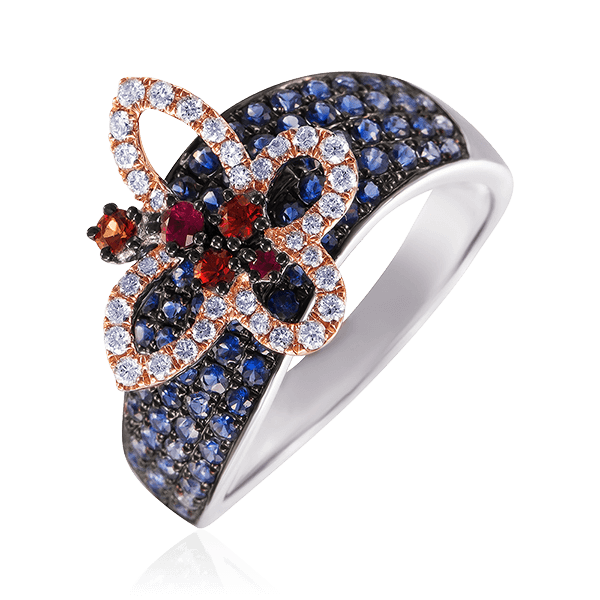 Кольцо с рубином, оранжевыми сапфирами, бриллиантами из белого золота 585 пробы (арт. 56740)